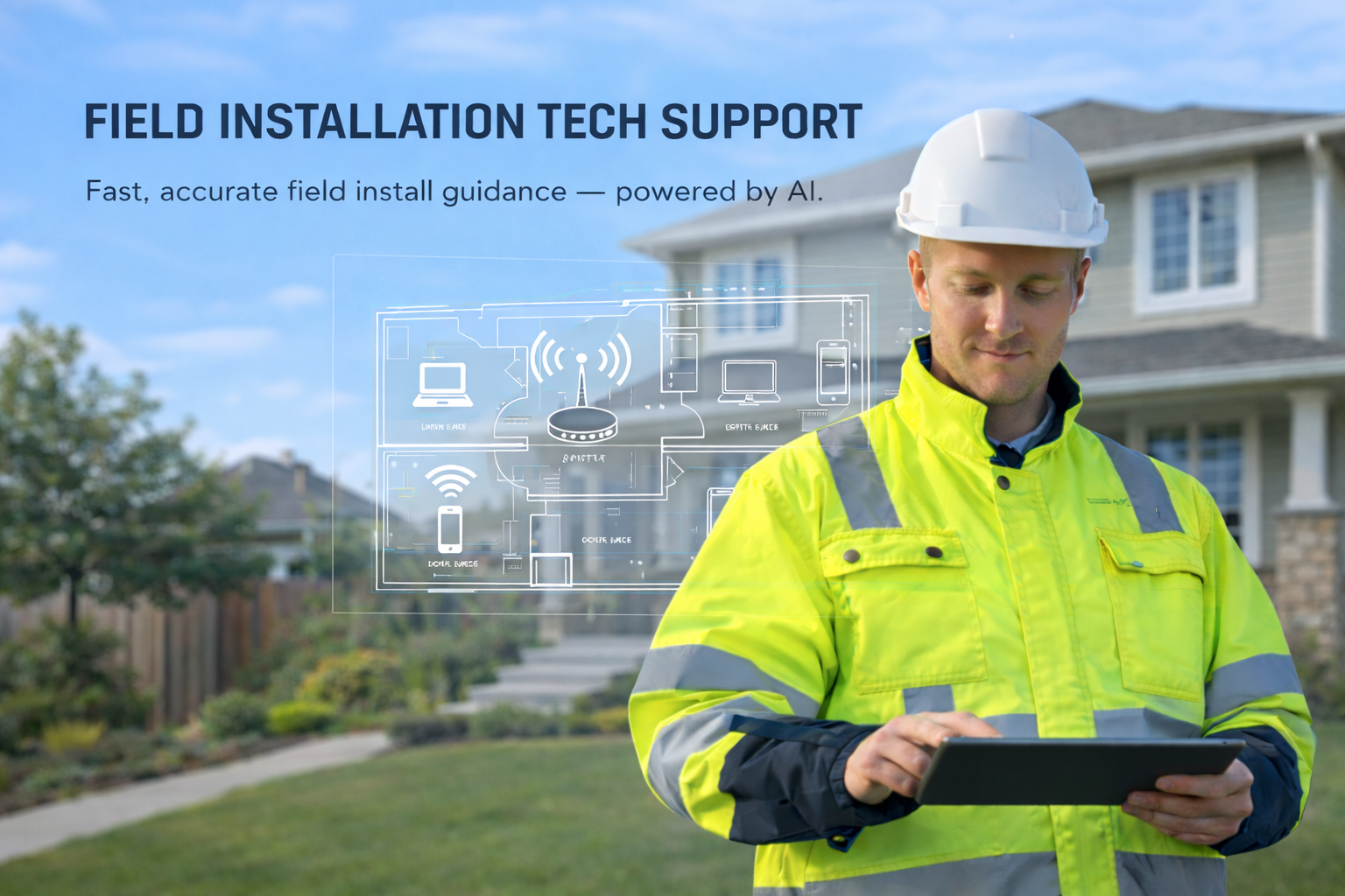 Field technician using AI-guided installation app on tablet